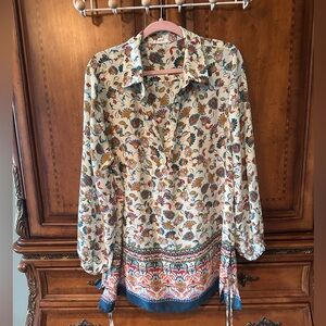 Cream Floral Boho Tunic with Blue Border